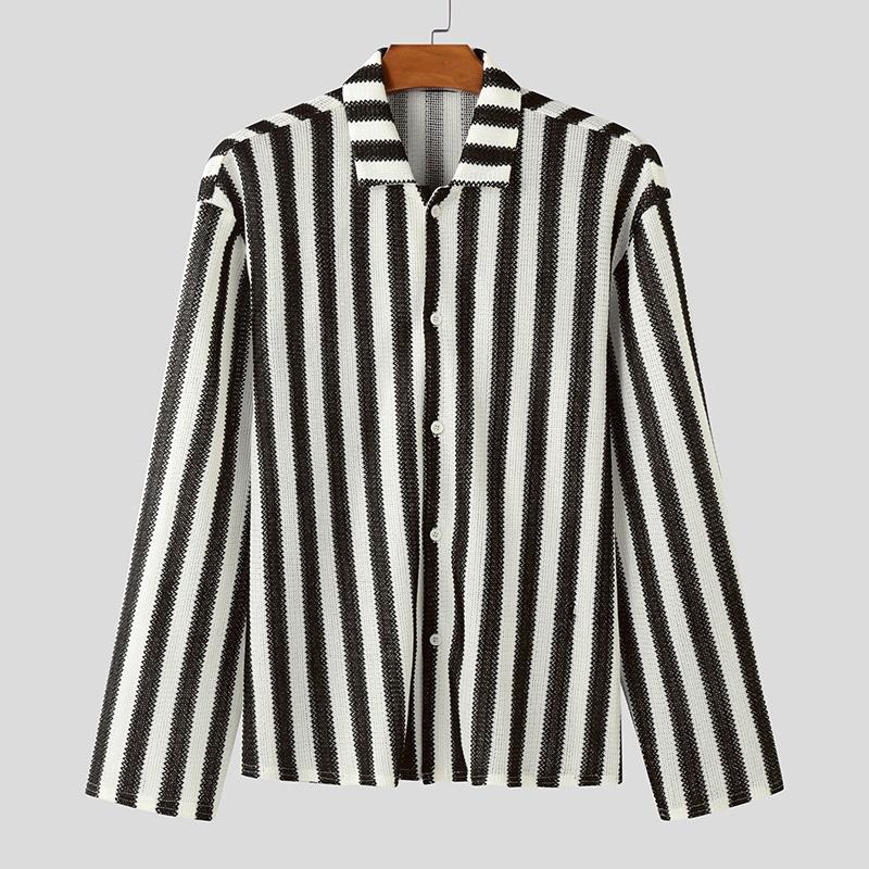 

INCERUN Men Lapel Neck Long Sleeve Striped Buttons Up Casual Loose Shirts Tops S бежевый