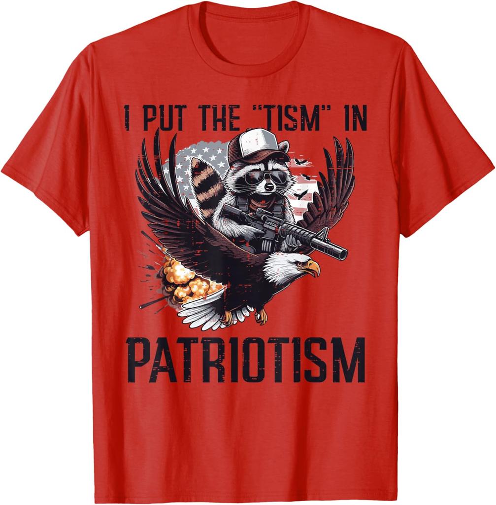 Raccoon Eagle I Put Tism in Patriotism Graphic TShirt Casual Short Sleeve Men Cotton Tee