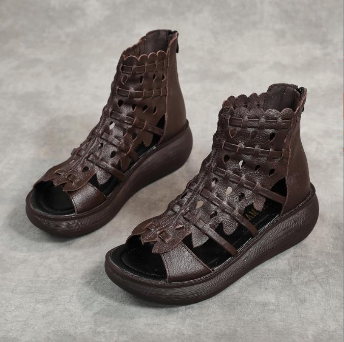 Genuine Leather Roman Women Flat Shoes Women's High Heel Sandals Fashion Casual Sandals New Hollow Open Toe Shoes Female Summer