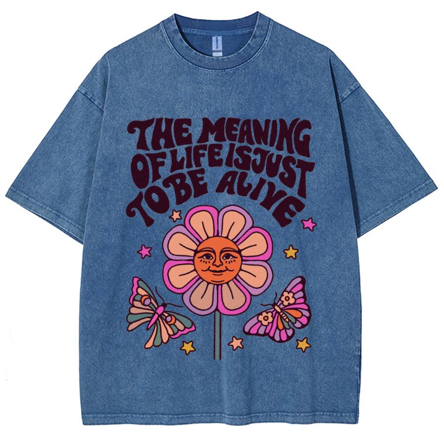 Koszulka damska z nadrukiem kwiatów i motyli, sprany denim, oversize, okrągły dekolt, para, styl unisex, z krótkim rękawem, słodki top typu sweetheart