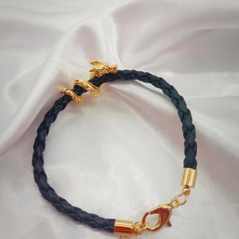 Flying Dragon Handwoven Leather Bracelet: Year of the Dragon Good Luck Charm with Coiled Dragon and Koi Design