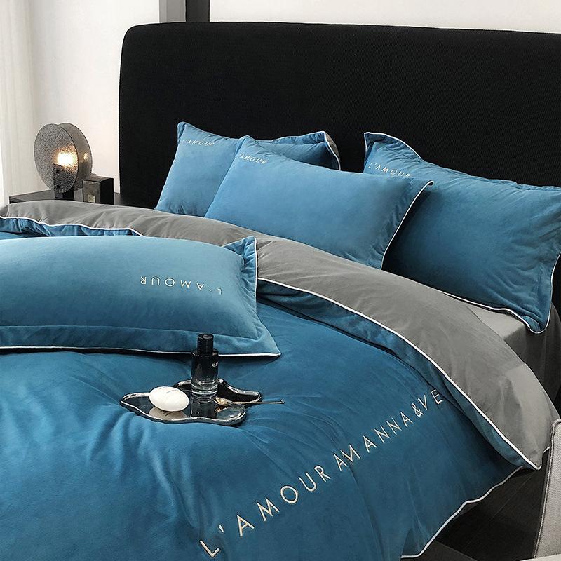 Class A baby velvet four-piece set baby velvet solid color embroidered milk velvet bed three-piece set flannel sheet quilt cover duvet cover
