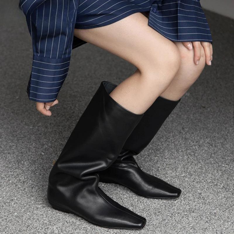 Fashion 2025 New Luxury Designer Square Toe Women Knight Boots Elegant Female Wedges Low Heel Long Booties Zapatos De Mujer