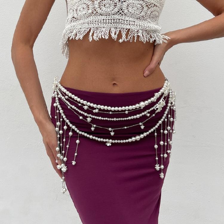 Stylish Women's Imitation Pearls Waist Chain Fashionable Adjustable Bikini Chain Party Body Jewelry for Women Girls