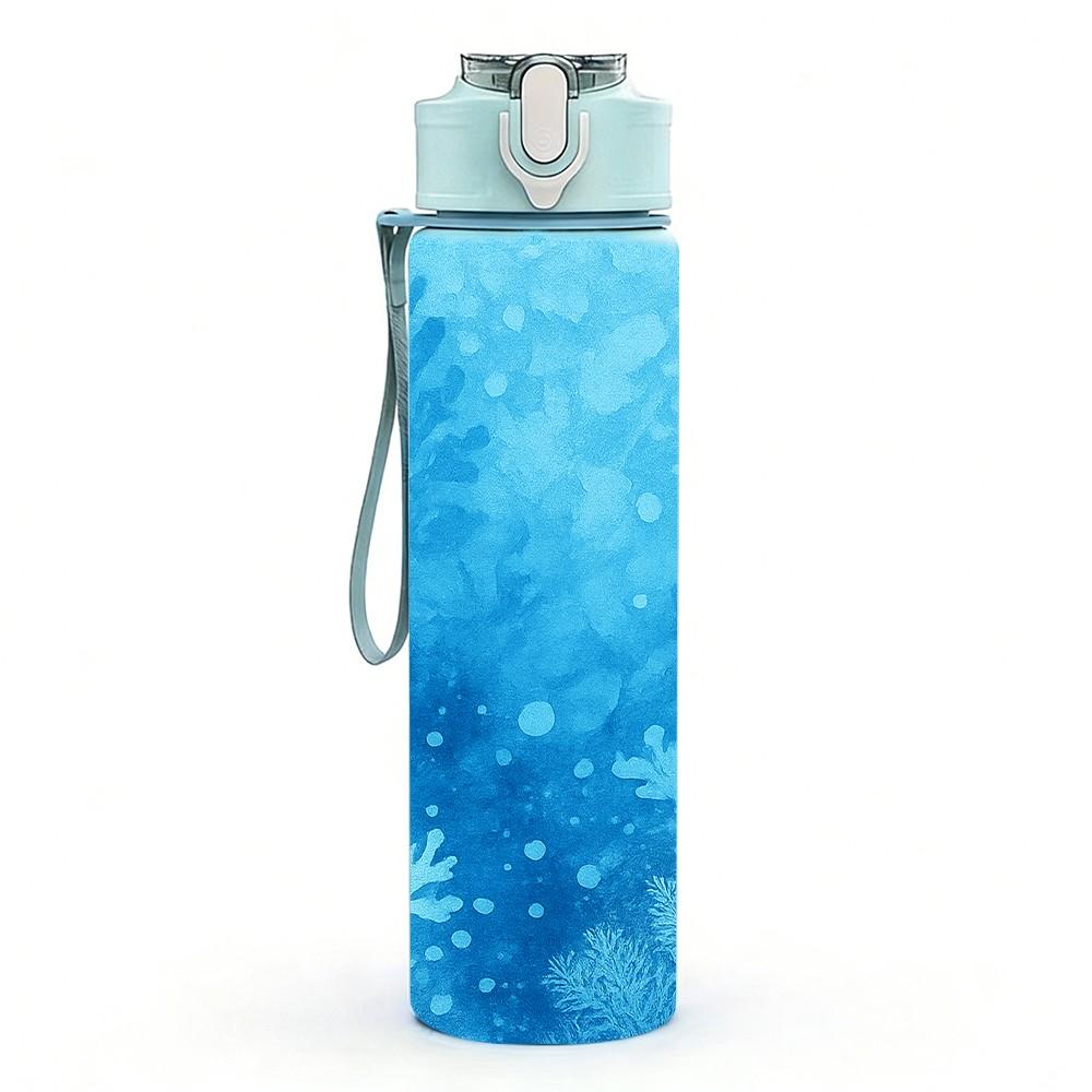 1PC Blue Frost Ice Crystal Texture Print 750ml Color Plastic Sports Water Bottle Leakproof Flip Straw Lid Suitable for Sports Office Home Use