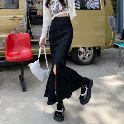 Black High-waisted Fishtail Female Summer Slim Thin Open Fork Elastic Package Hip Mid-length Skirt Versatile Comfortable Fashion Denim Bustier Skirt