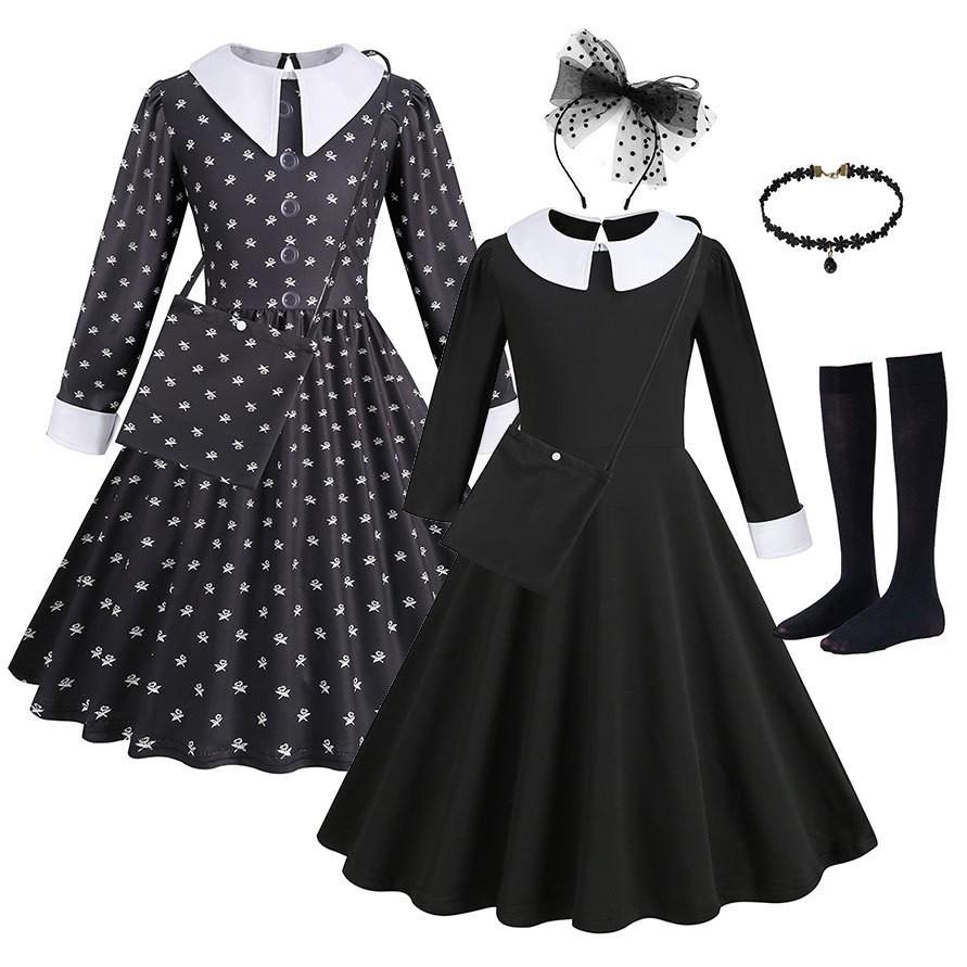 Abito Cosplay Nero in Seta di Latte di Wednesday Addams
