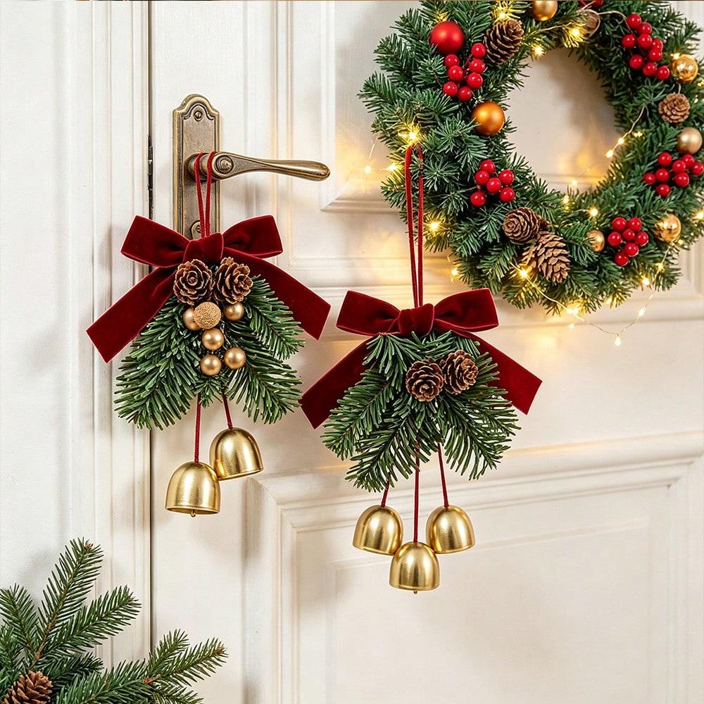 Christmas Bell Hanging Ornament Velvet Red Bow Pine Cone Pine Branch Pendant for Xmas Tree Window Door Holiday Party Decoration