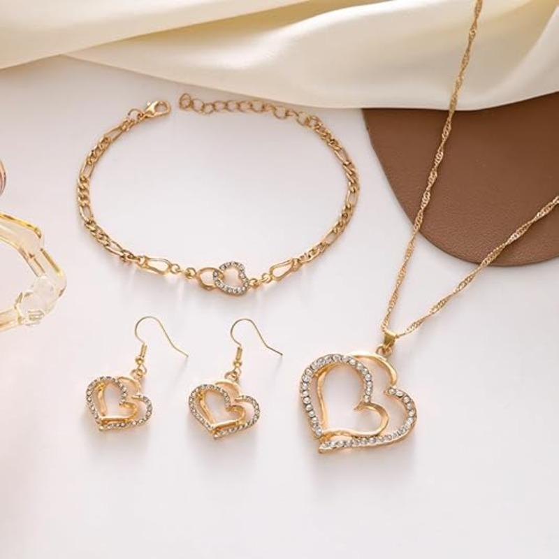 Double Heart Gold Jewelry Set for Women Hollow Crystal Zircon Necklace Earrings Bracelet Bridal Jewelry for Engagement Wedding Party Daily Prom