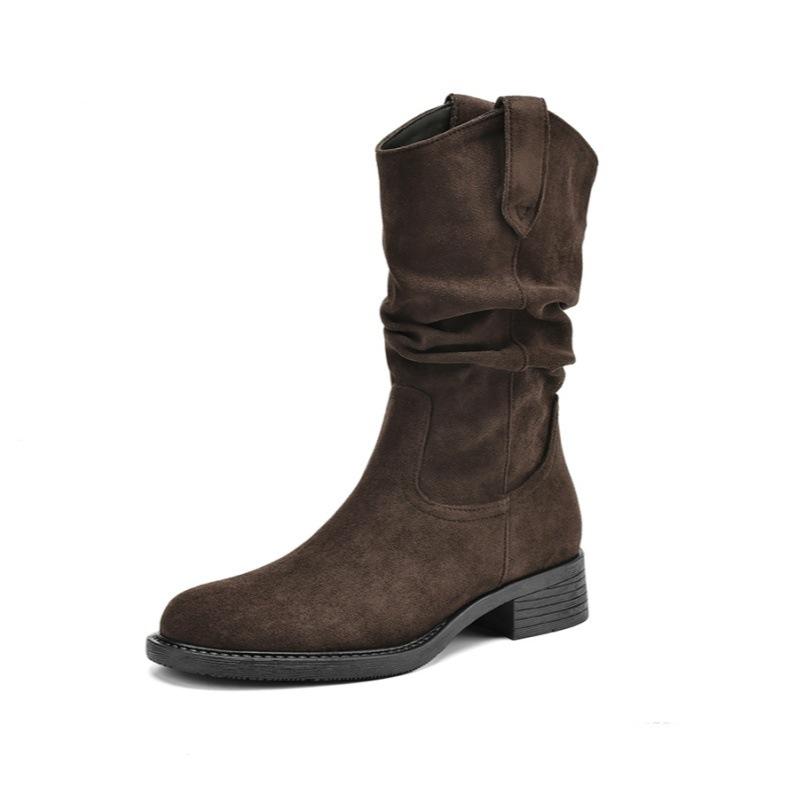 

Pile boots women s 2025 new spring and autumn Maillard western cowboy short boots summer thick heel medium boots Martin boots 40 коричневый