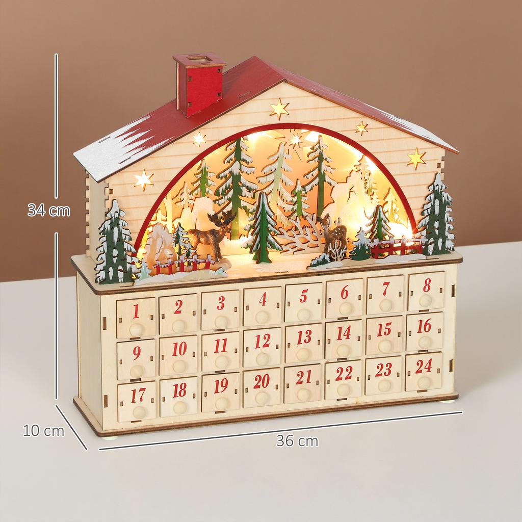Light-up Advent Calendar, Fillable Advent Calendar, 24 Drawers, Village Scene, 36x10x34cm, Natural Wood