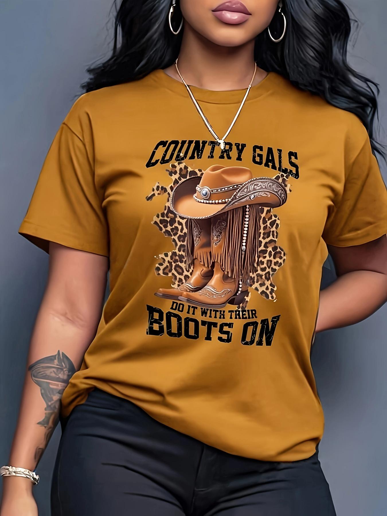 Letter Print Round Neck T-Shirt with a Western Cowboy Hat S дубильная кора