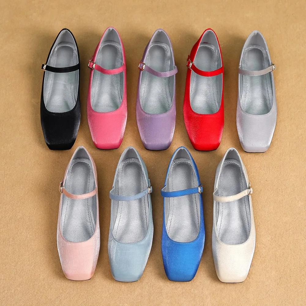 Flats Shoes Women Square Headed Flat Bottomed Mary Jane Shoes 2025 New French Retro Silk Single Shoes for Women Zapatos Mujer