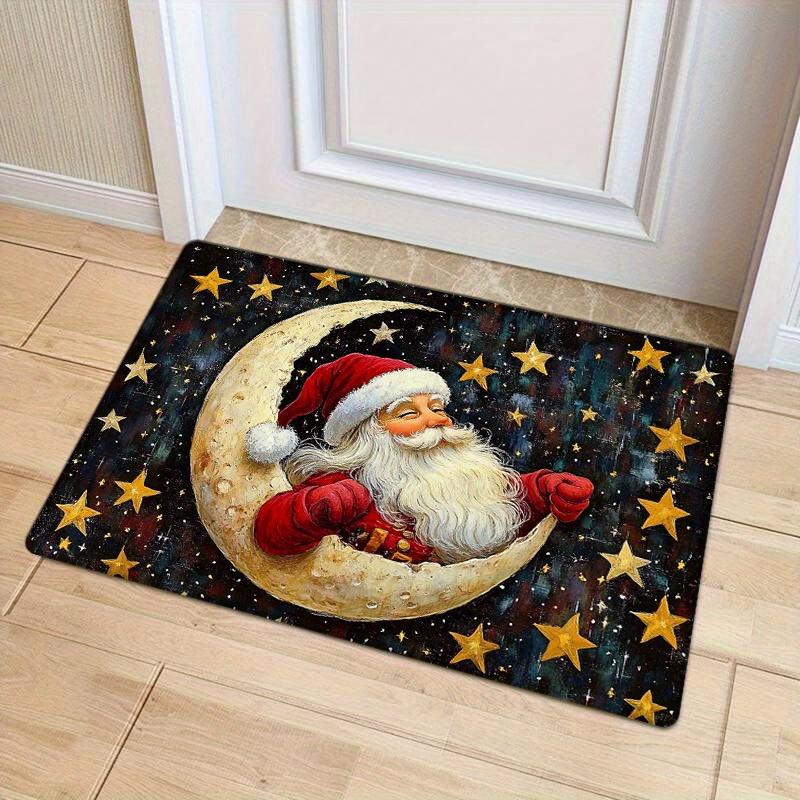 1pc Flannel  Thickened Sponge Pad Rectangular Golden Red Santa Claus Mat Christmas Style Machine Washable Non-Sl 40x60cm