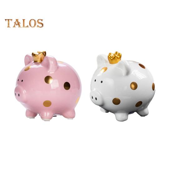 Sparschwein aus Keramik mit Krone und Schweinchen, goldene Punkte, Cartoon-Schwein, Münze, Geldbank, Home-Office, Bücherregal, Schreibtisch-Dekoration, Ornament, Geschenk für Kinder und Erwachsene