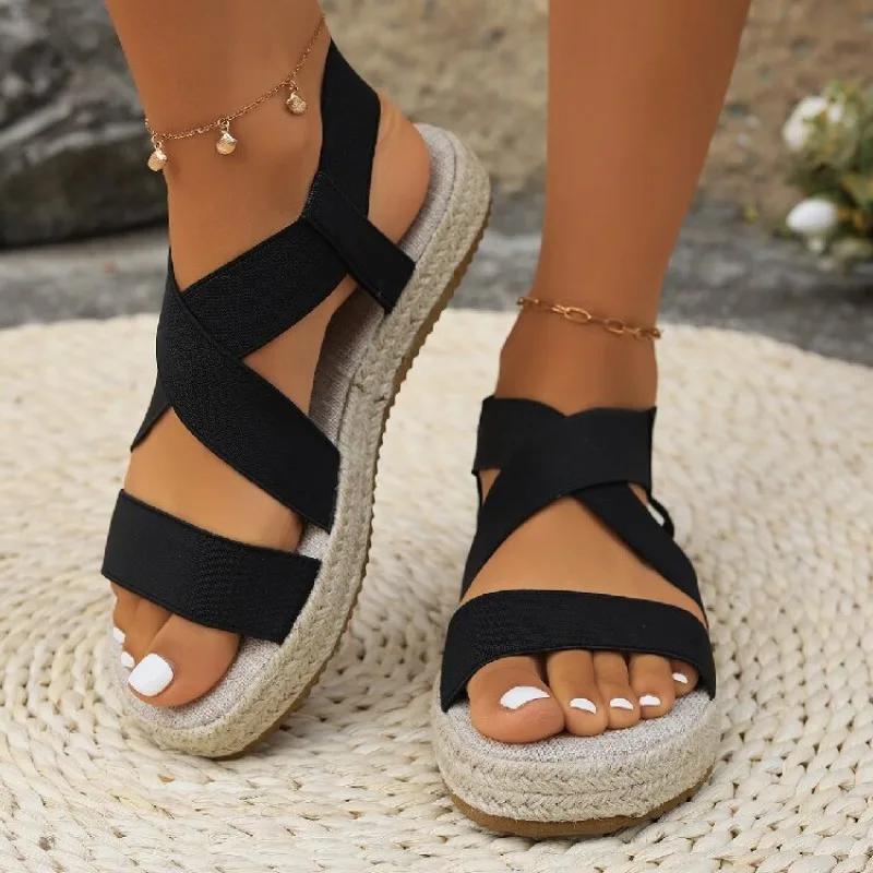 Large Size Hemp Rope Bottom Elastic Sleeve Casual Sandals for Women 2024 New Cross Shaped Roman Sandals