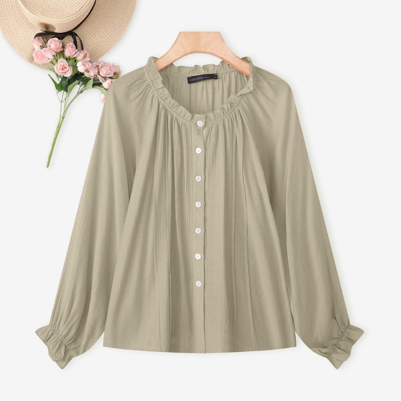 ZANZEA Women Casual Round Neck Loose Long Sleeve Blouse