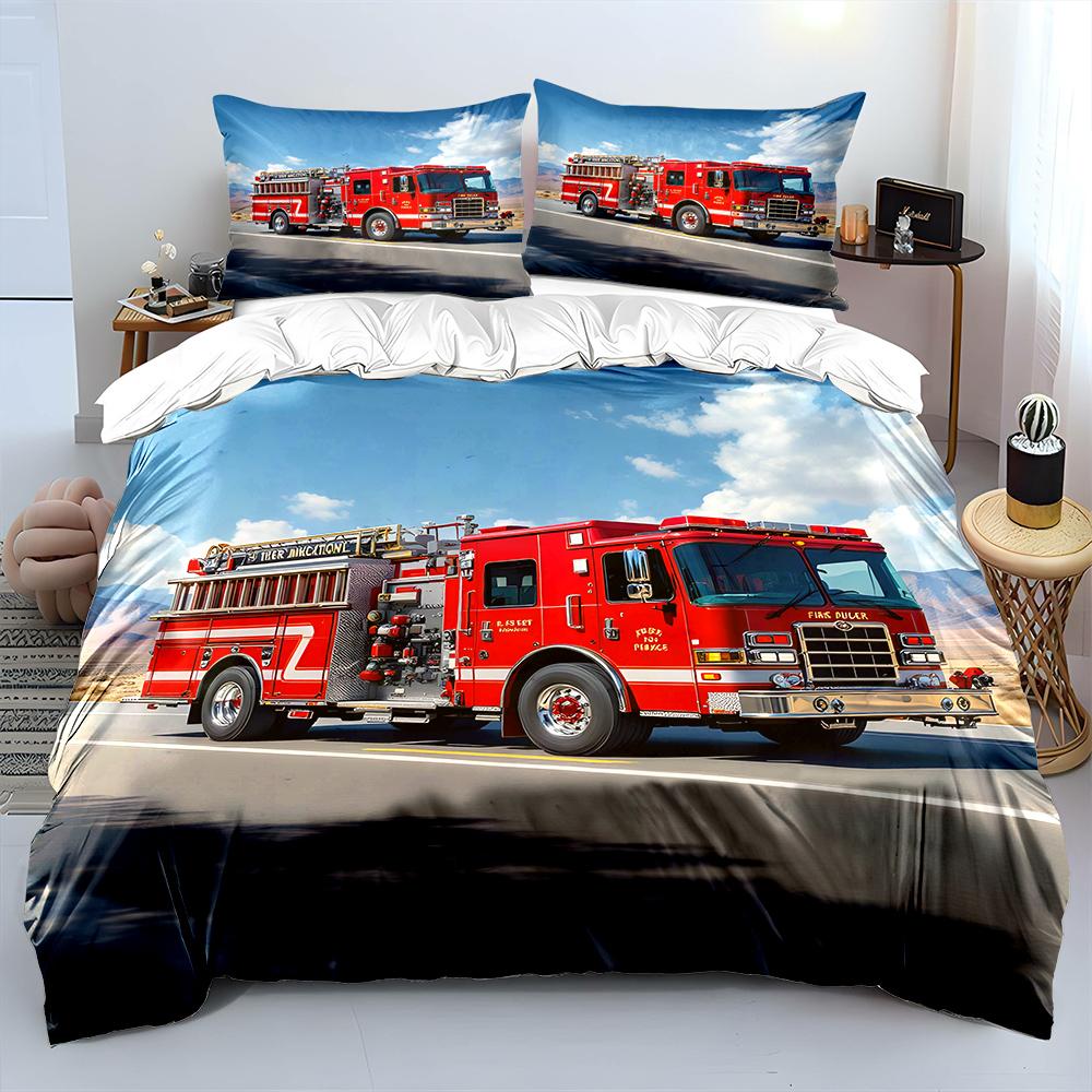 Red Fire Truck Driving On Road Print Soft Comfortable Duvet Cover Bedding Set Included 1*Duvet Cover  2*Pillowcases