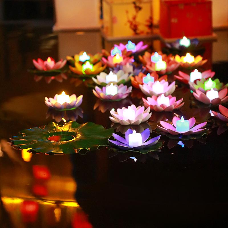 LED Double Petal Lotus Night Light Floating Water Sensor FlowerColor Light Garden Fish Tank Decoration Festive Wishing Light