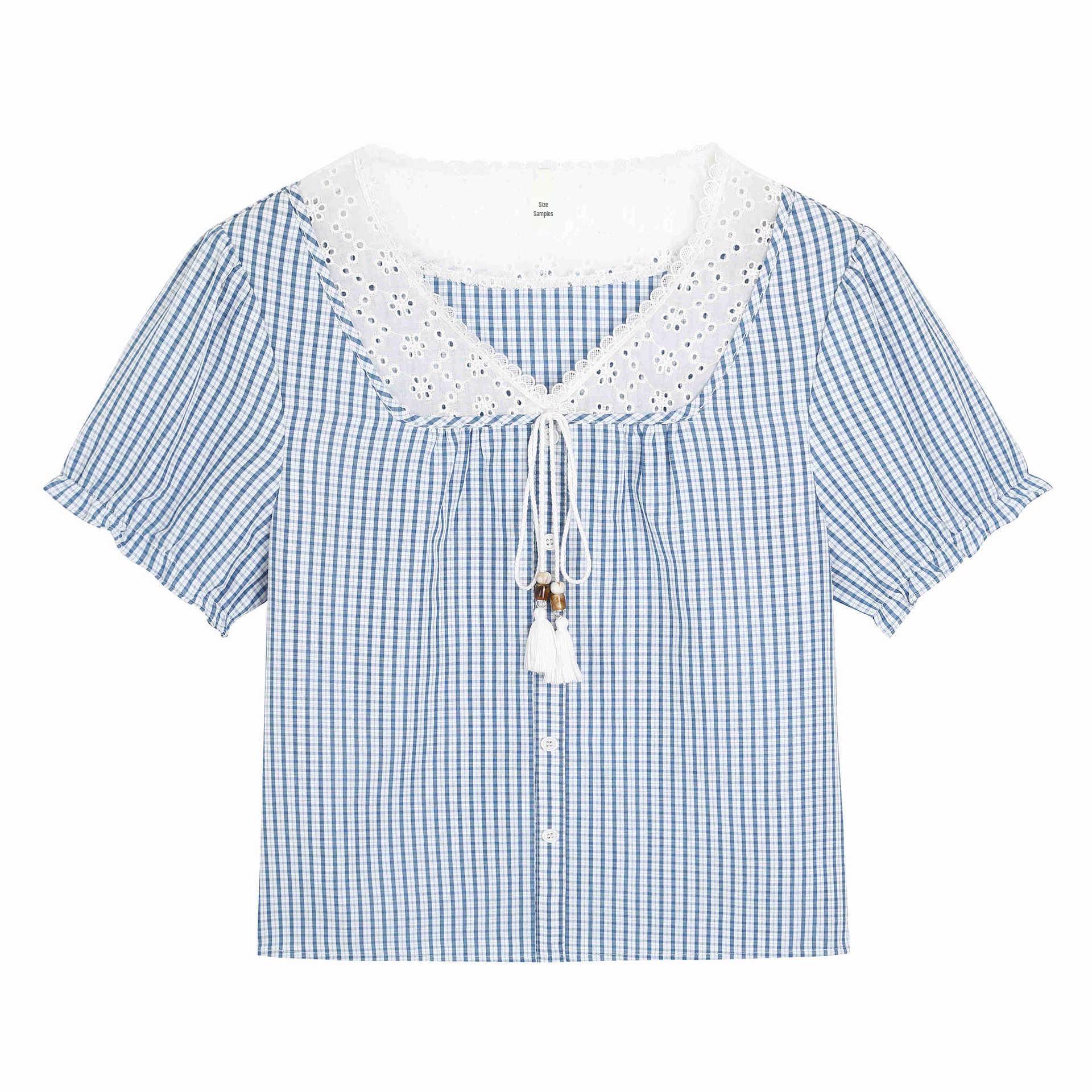 

Korean Pastoral Lace-Up Hollow Patchwork Plaid Plus Size Slimming Top 5XL (recommended 100-110 kg)