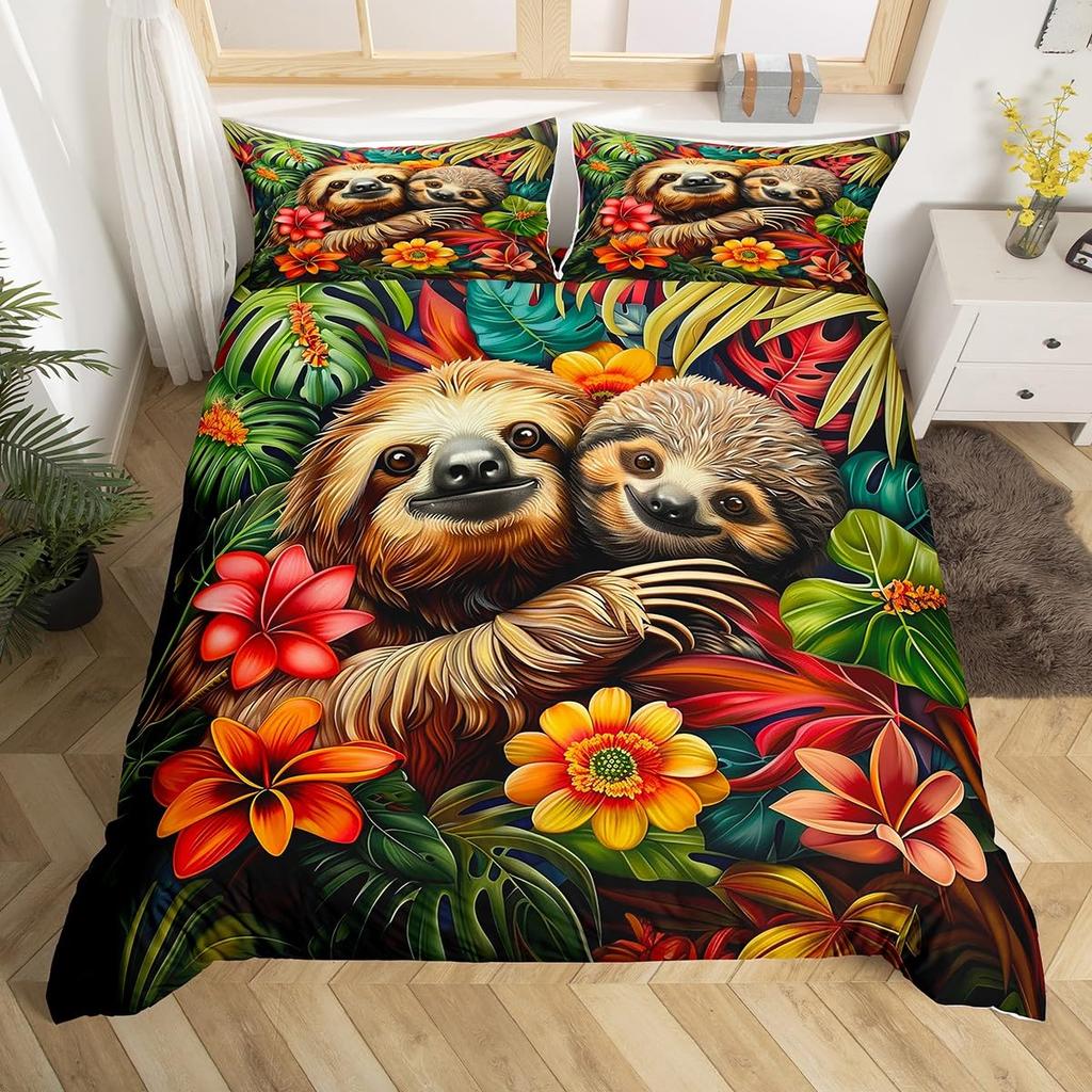 Cute Sloth Duvet Cover Watercolor Floral Bedding Set Lovely Jungle Animal Comforter Cover Twin King Kawaii Sloth Bedspread Cover
