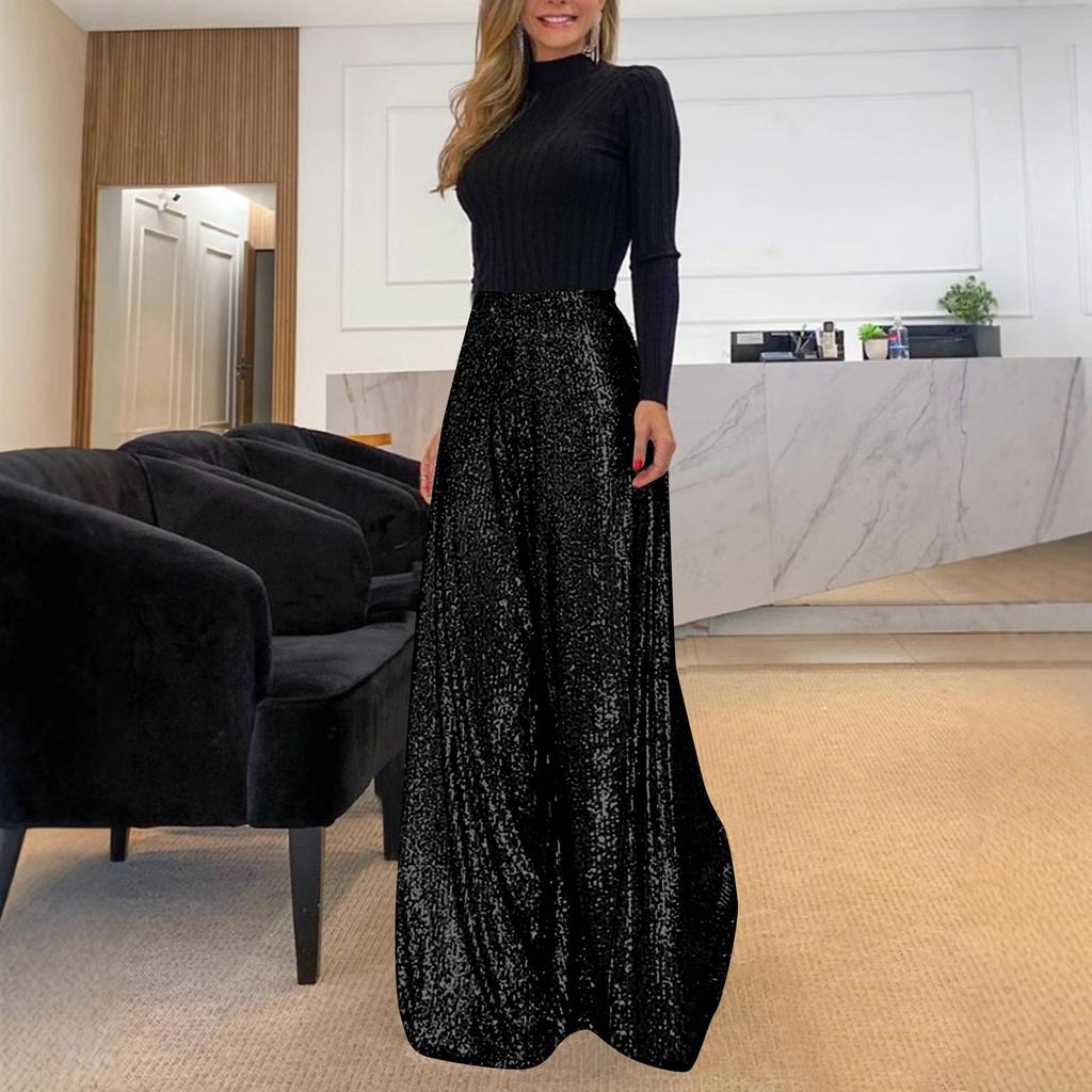 Women's Fashion Casual High Waist Thin Trousers Solid Colour Sequin Wide Leg Trousers