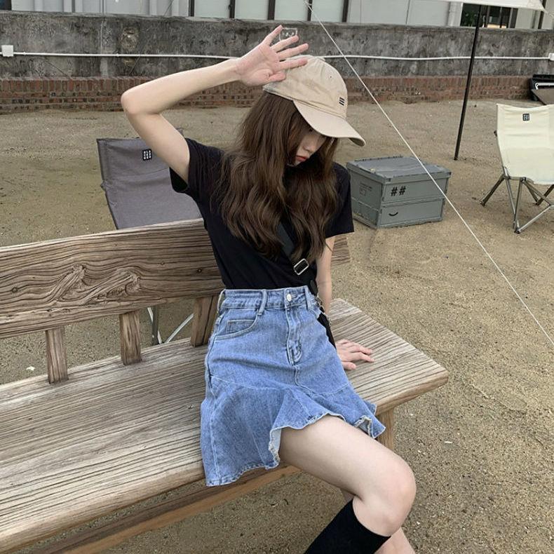 Denim Skirt Ladies Short Fishtail Retro High Waist Ruffled Hip A-line Skirt