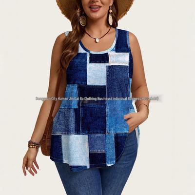 2025 Trendy Plus Size Women's Denim Print Sleeveless Top - European & American Summer Fashion