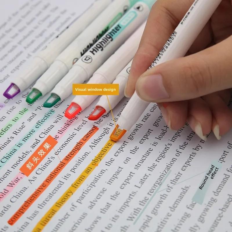 6 Colors/Set Unique Window Tip Highlighter Pen Double Head Pastel Color Midline Highlighters Marker School Stationery Supplies