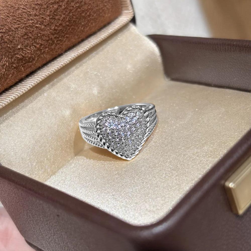 French Vintage Open Heart Ring Diamond Hollow Love Women Fashion Jewelry adjustable