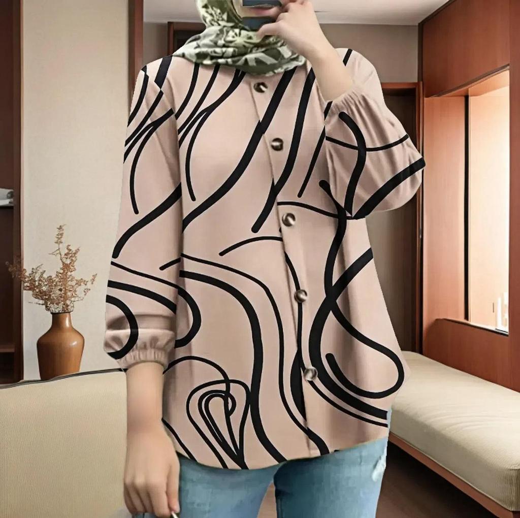 New Plus Size Women's Puff Sleeve Floral Button Shirt