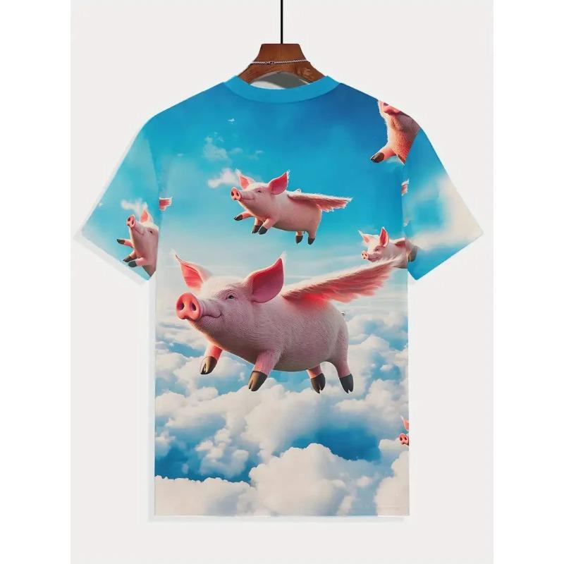 3D Print Men's Funny Flying Pig Graphic T-Shirts Clothes Summer Round Neck Short Sleeve Cute Pig Casual T-shirts