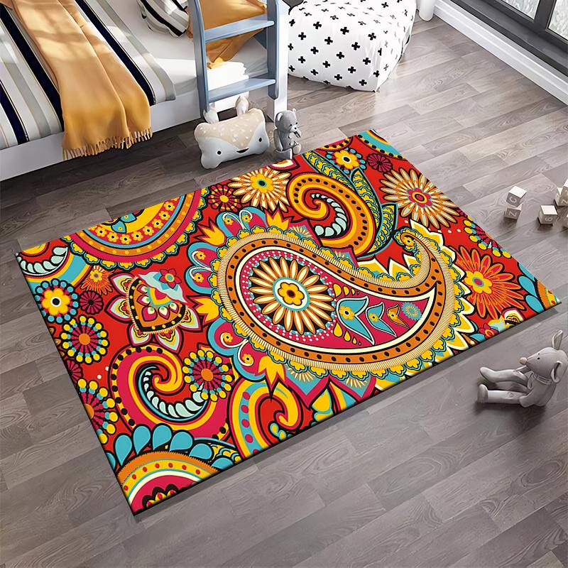 Colorful Bohemian Paisley Floral Pattern Non-slip rug suitable for living room and bedroom sofas