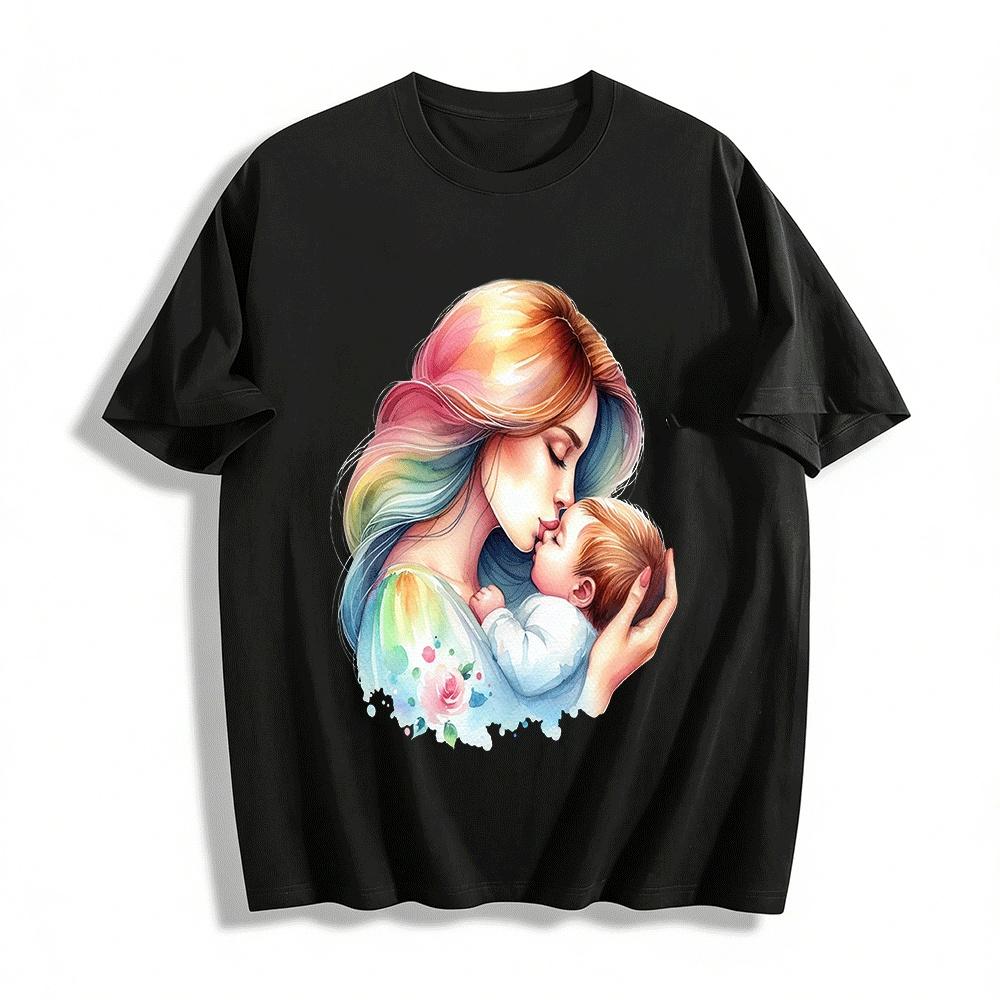 Mom And Baby Kissing Print Casual Adult Top Pure cotton T-shirt XXS