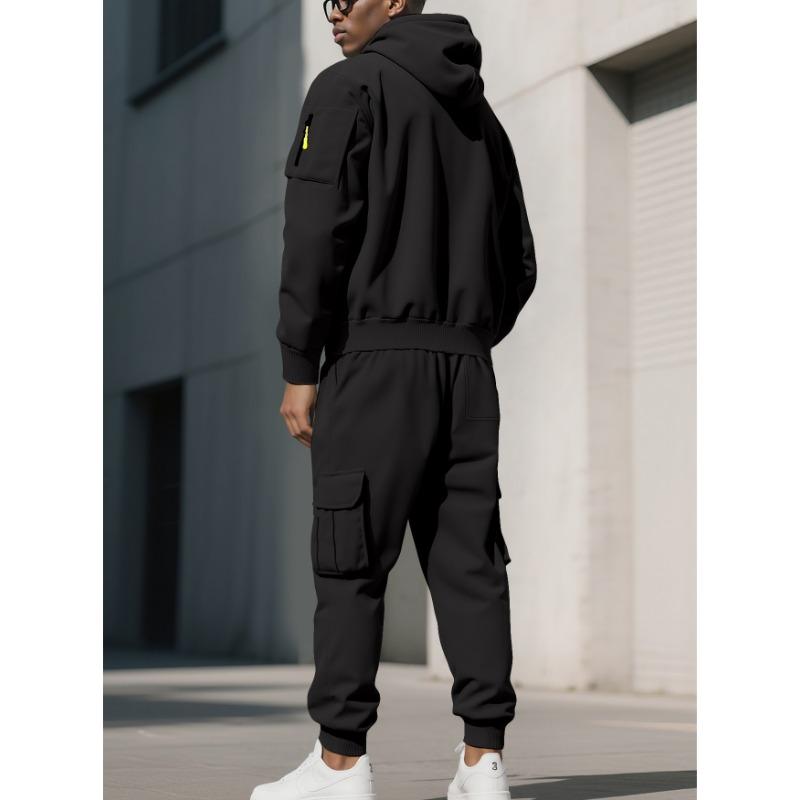 Men Warm Fleece Hooded Sweatshirt And Sweatpants Casual Sports Two Piece Set