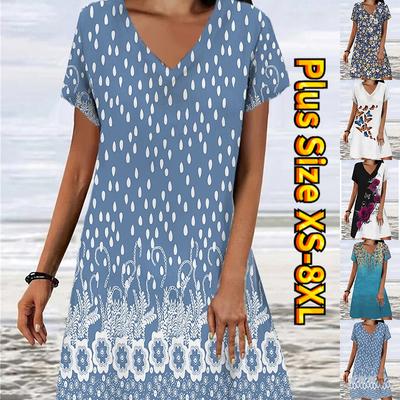 Summer Fashion V-neck Dress Ladies Short Sleeve Pink Rose Printed Dress Loose Casual Dress for Women