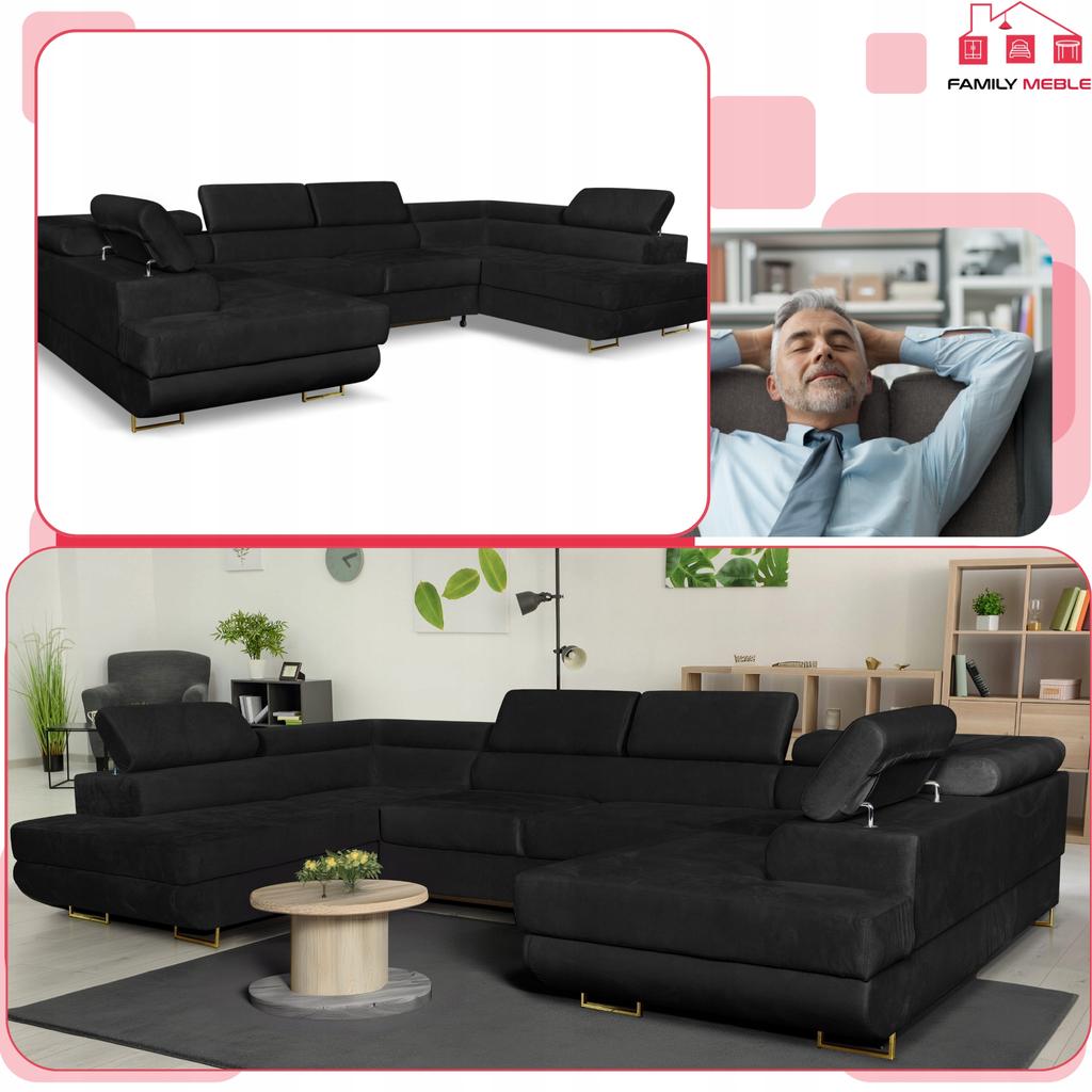 U-shaped Corner Sofa Bed, Extendable F. Bosso Family Sleeping Furniture Black Velvet