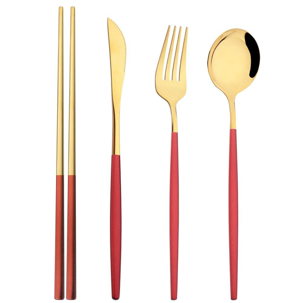 4Pcs Mirror Stainless Steel Tableware Gold Portable Dinnerware Knife Fork Spoon 304 Chopsticks Cutlery Set Western Flatware Set