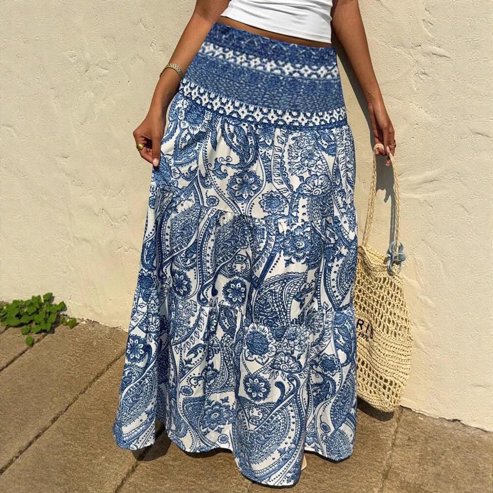 European and American cross-border foreign trade women s clothing Amazon s new vacation leisure bohemian style printed skirt long skirt S синий