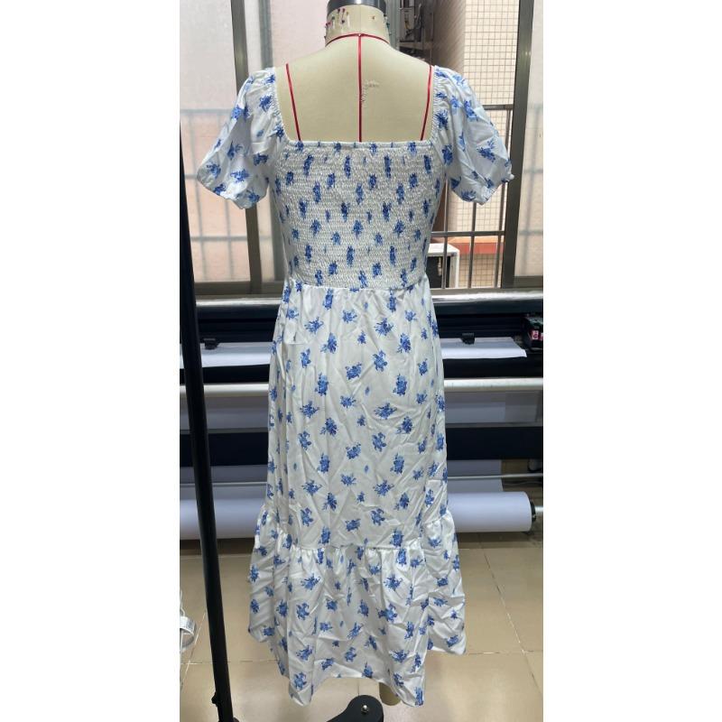 Square Collar High Waist Printed Summer Women's Dress, Comfortable and Elegant Women's Long Skirt