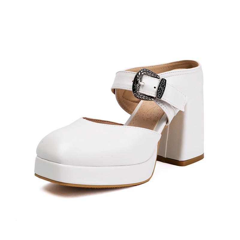 

ANNYMOLI женские мюли с круглым носком на толстом высоком каблуке с пряжкой на платформе туфли Мэри Джейн модная женская обувь весна осень 46 35 белый