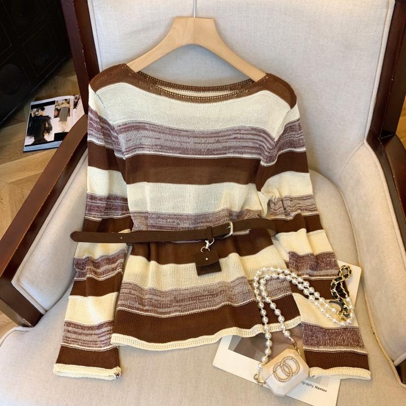 Striped pullover knitted women's autumn top with shawl two-piece set