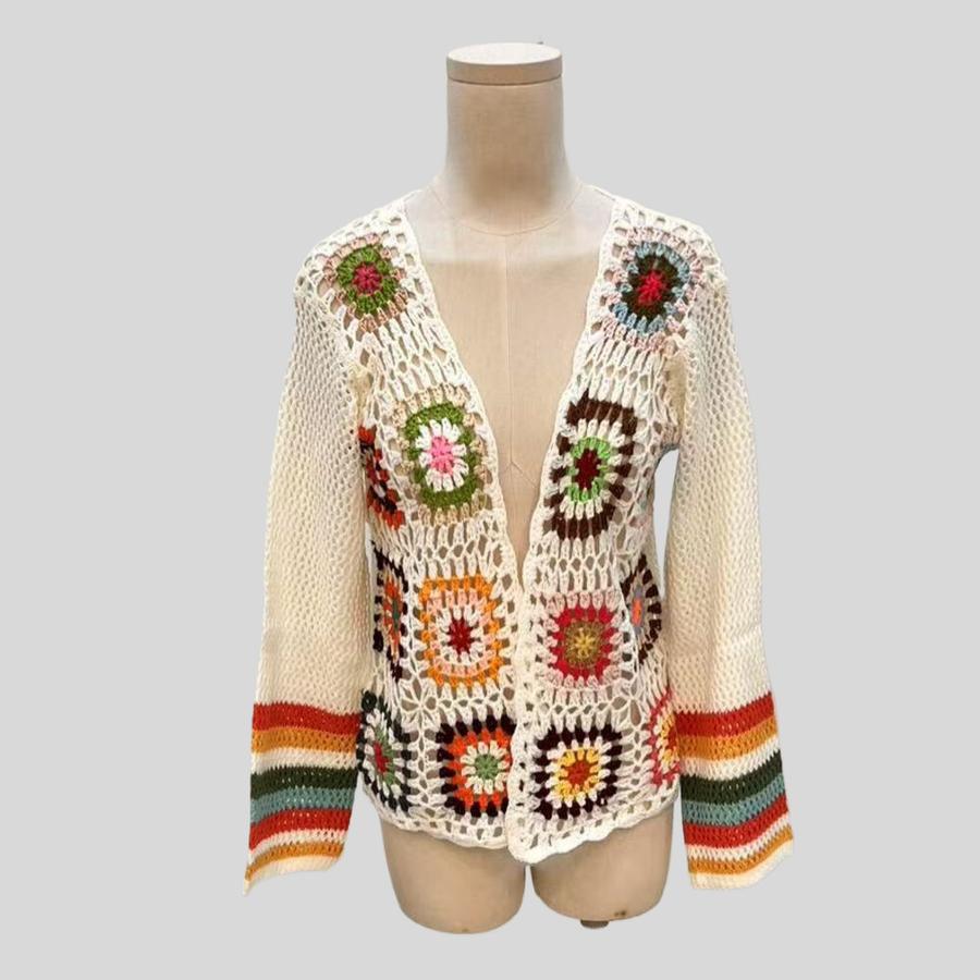 Vintage Rainbow Color Block Crochet Shawl Cardigan Loose Knit Top
