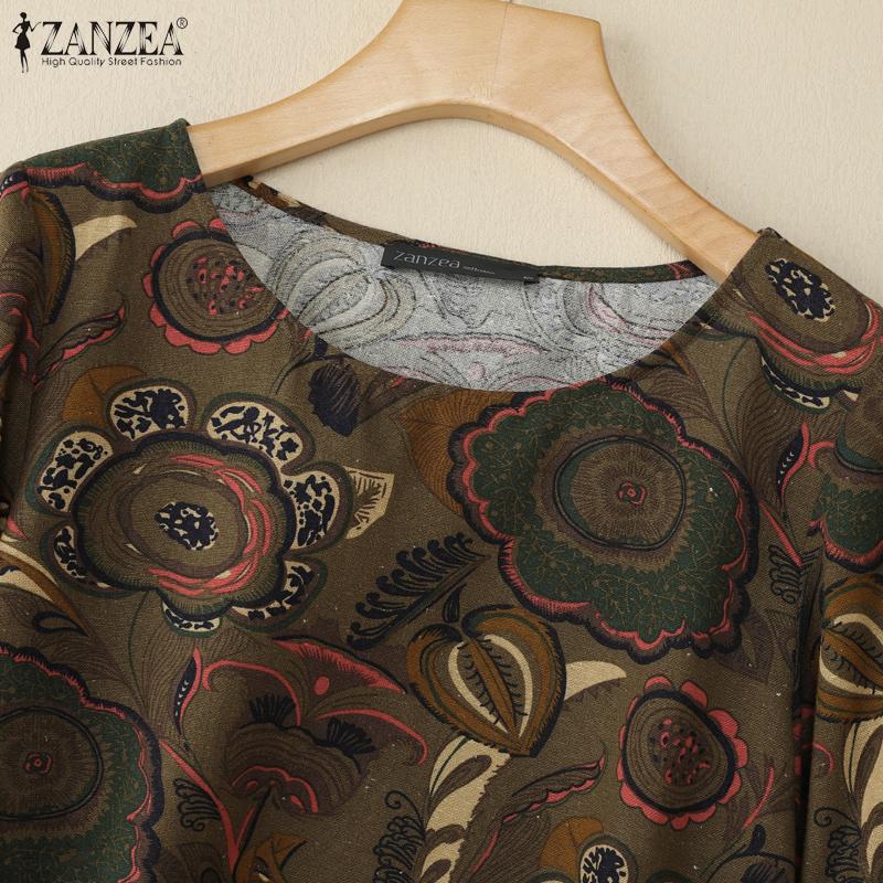 ZANZEA Bluză casual de damă cu gât rotund, mâneci 3/4, bumbac cu imprimeu retro