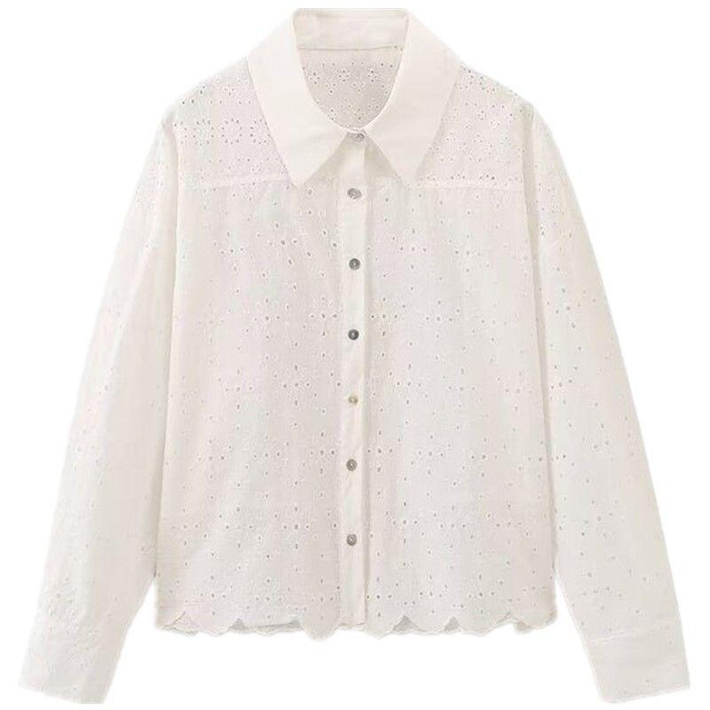 Fashion Style 2024 Summer New Female Long Sleeve Lapel Hollow Embroider Shirt Mid Waist Skirt 3666088
