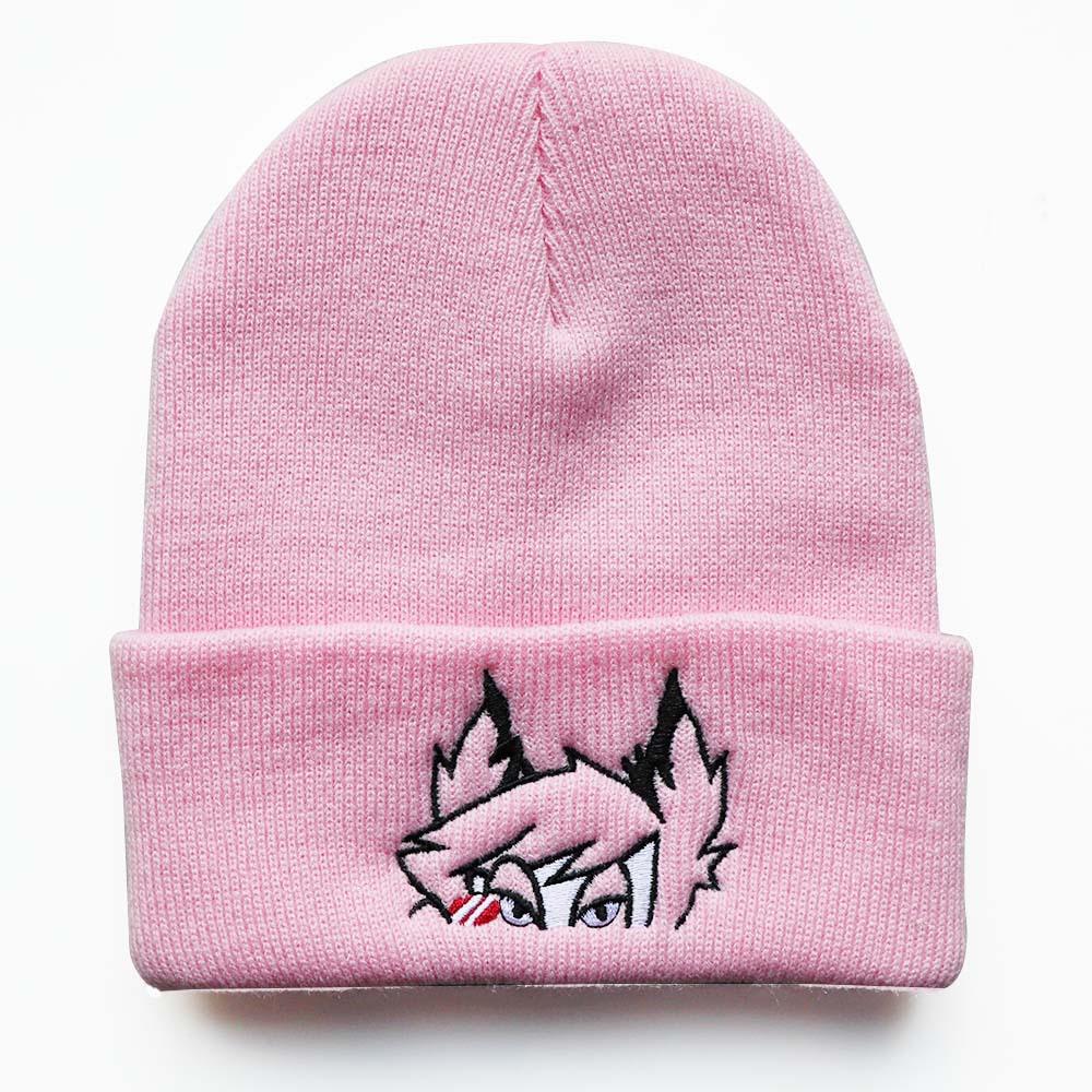 Men s and women s European and American autumn and winter warm hats, cartoon fox eye embroidery knitted hats, student woolen hats Adjustable розовый