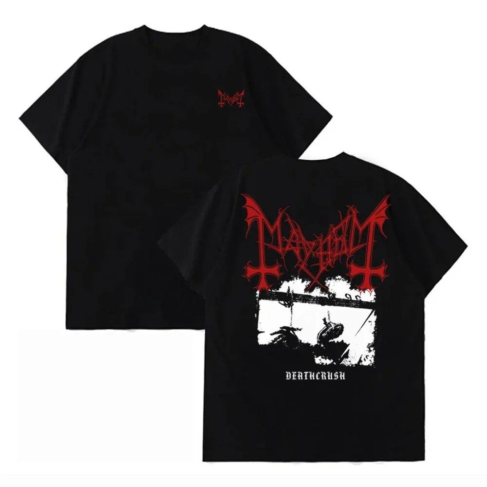 Harajuku Fashion Black Metal Band Mayhem Double Sided Printing Tshirts Unisex Women Short Sleeve Cotton Tees Oversized Streetwear Unisex
