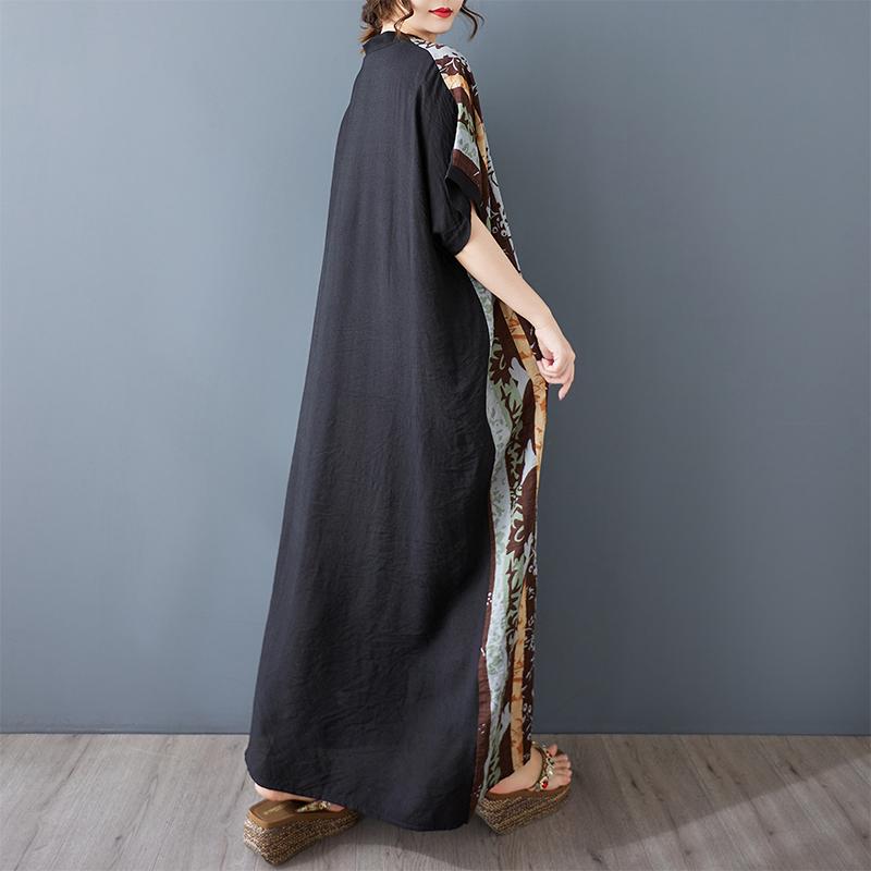 DIMANAF 2025 Plus Size Summer Women Long Dress Oversized Vintage Basic Pocket V-Neck Casual Printing Loose Dress