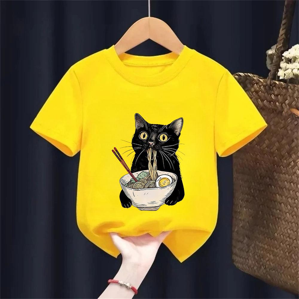 Noodle Ramen Cat TShirt Foodie Lover T Shirts Black Cat Noodle Kids TShirts Retro Casual Short Sleeve Tshirt Girl Boy Clothes