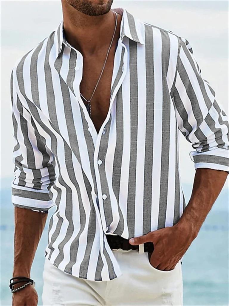 Casual Men's Long Sleeve Striped Shirt, Button-Down for Daily Wear